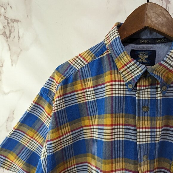 Wrangler Shirt Mens XL Blue Yellow Button Down Plaid Twenty X 20X Short Sleeve - Picture 2 of 12